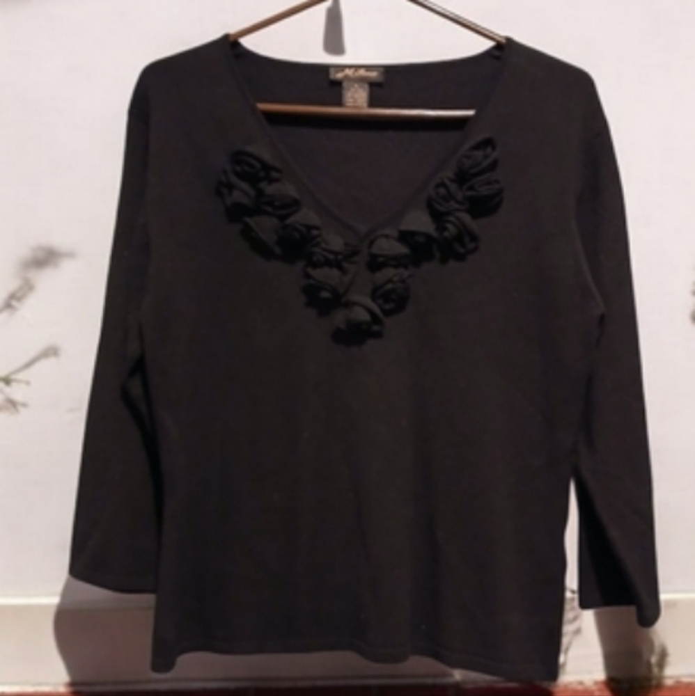 Milano Silk Blend Black Floral Vneck Shirt Sweater Stretch Womans Large